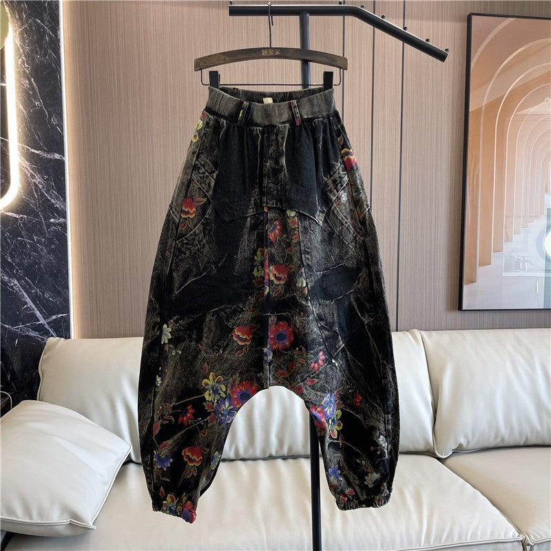 Drop crotch pants large size floral print denim harem baggy pants