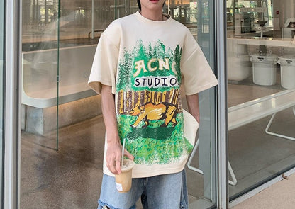 T-shirts vintage oil painting printed unisex half-sleeved