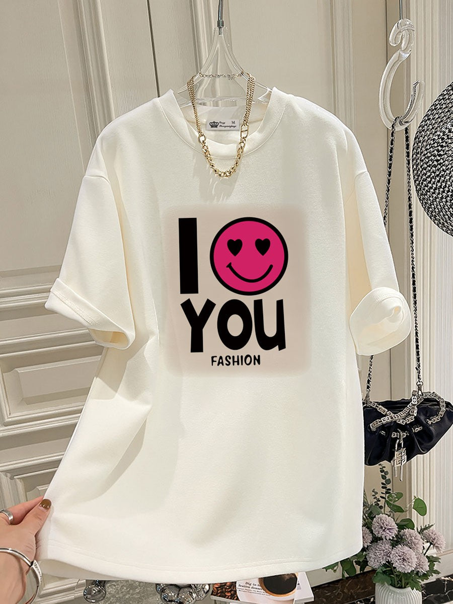 I love you T-shirt for women oversize summer letters mid-length top