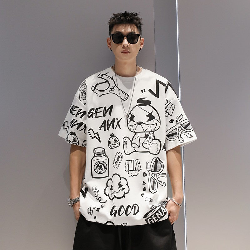 Simple cartoon T-shirt men's summer light breathable fashion tee