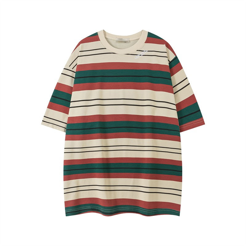 Wild striped short-sleeved T-shirt men and women loose versatile top