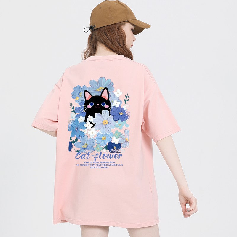 Haze Blue Kitten Print T-shirt Women's Cartoon Top Loose Fit