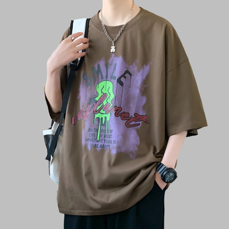 Fad graphic T-shirt men's summer casual black loose top