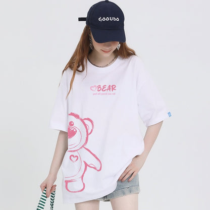 Bear cartoon print t-shirt short-sleeved