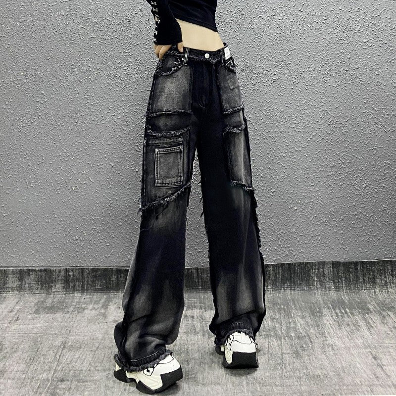 Cargo Raw Edge Casual Jeans Wide Leg Pants