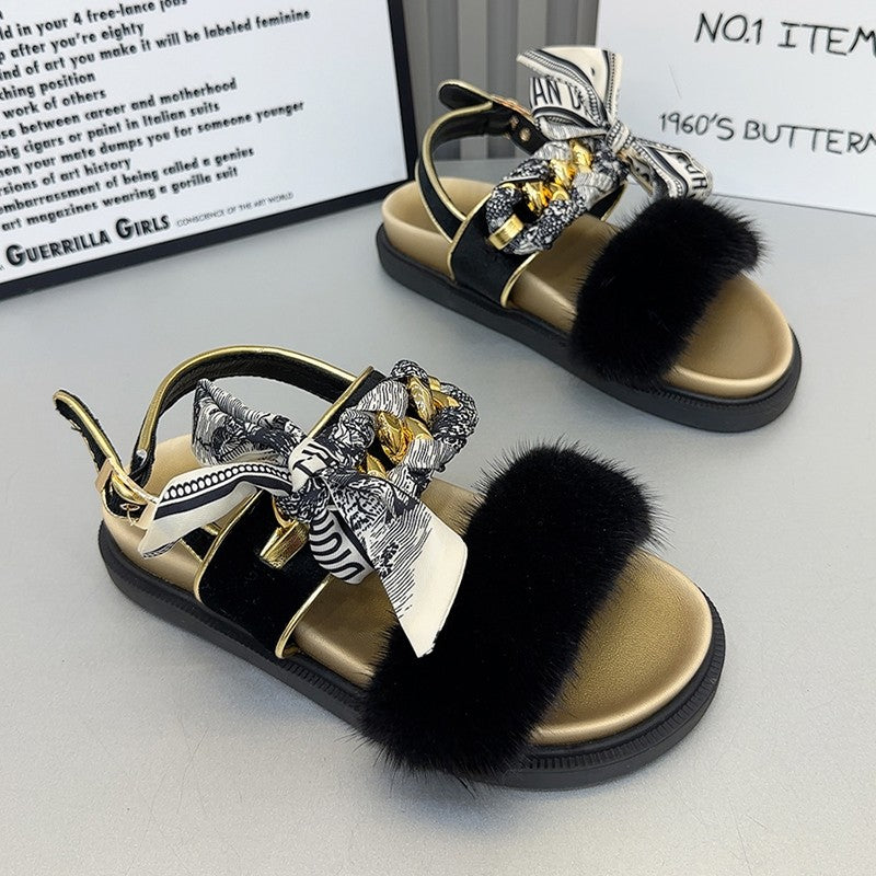 Women summer Silk mink hair sandals seaside vacation Roman shoes