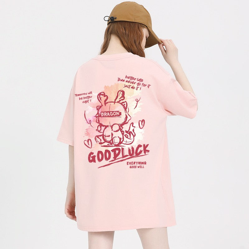 Pink T-shirt dragon pattern women loose