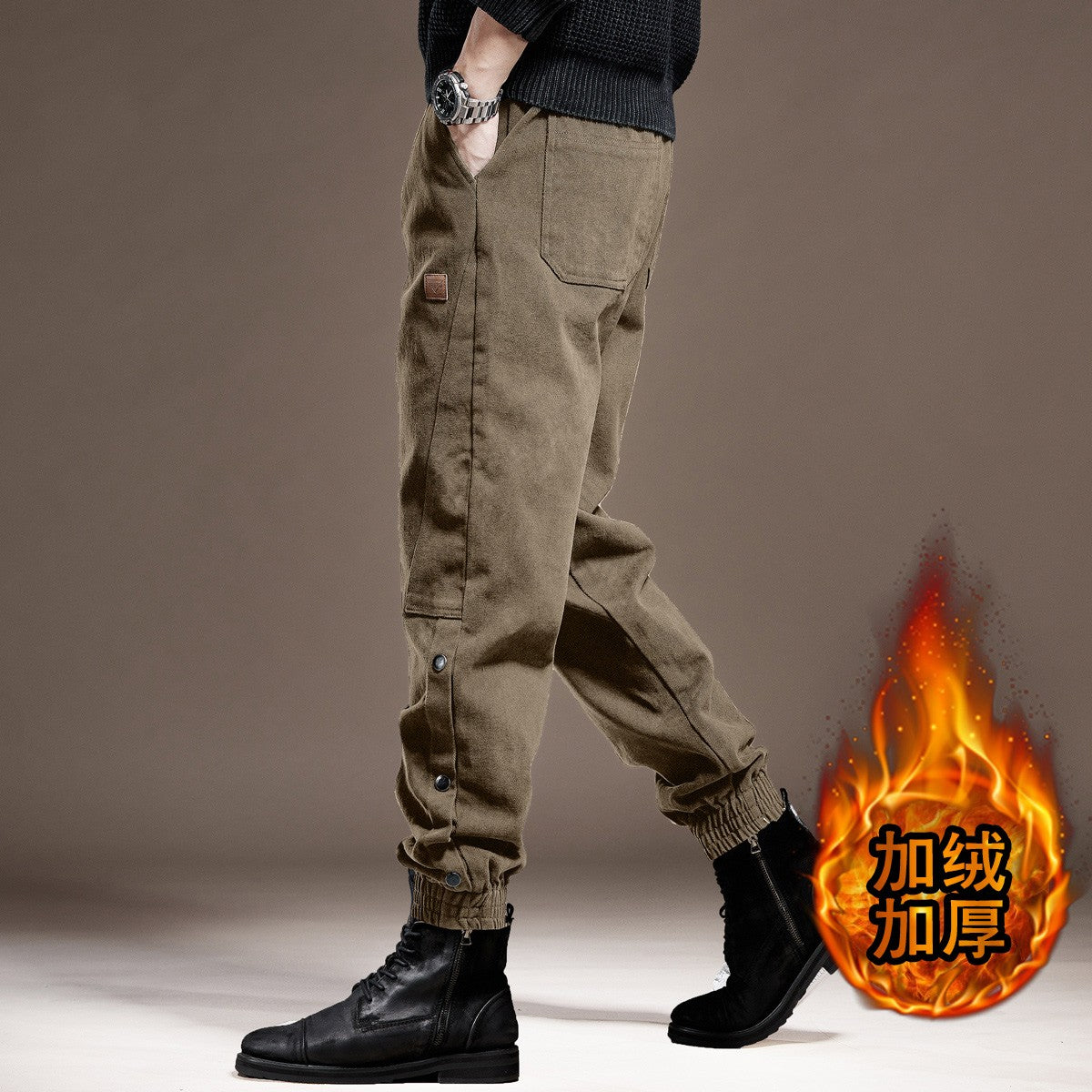 Black men jeans heavyweight cotton autumn outdoor cuffed black casual pants trousers