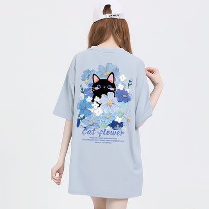 Haze Blue Kitten Print T-shirt Women's Cartoon Top Loose Fit