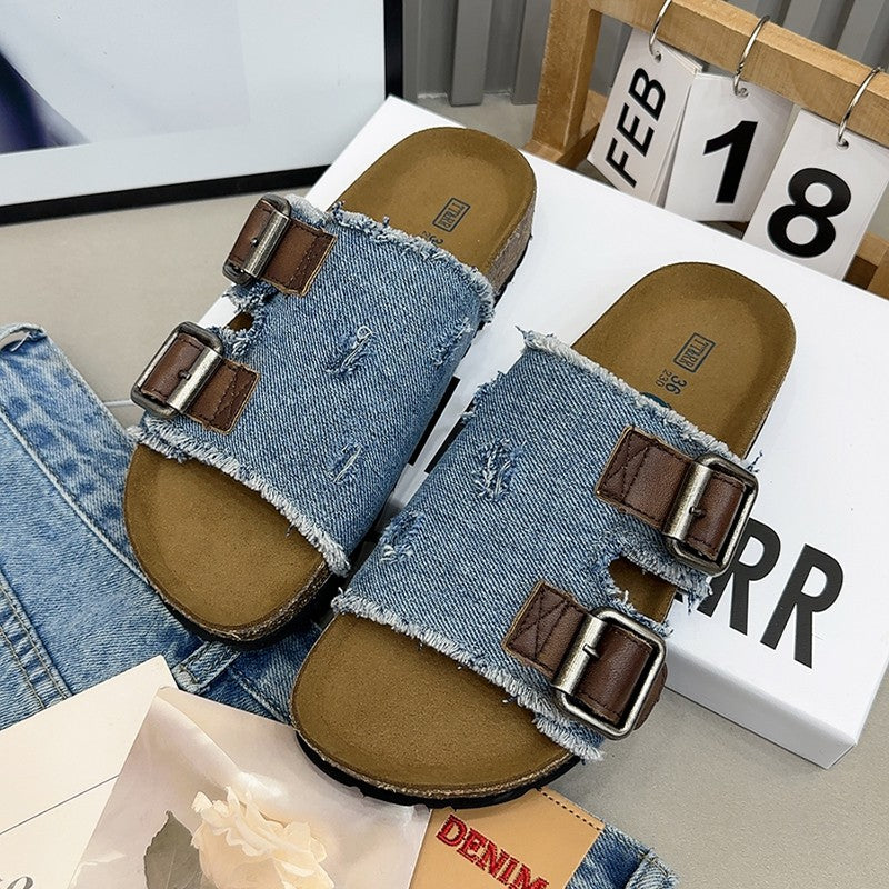 Denim Slippers Cork Boken Slippers for Women's Outwear Thick Sole Summer shoe