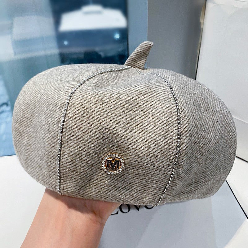 White beret for women in autumn and winter rhinestone letter newsboy hat trend