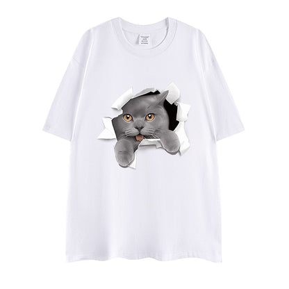 Unisex cat print loose casual oversize heavy cotton t-shirt round neck