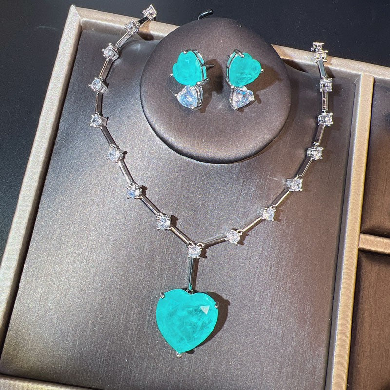 Lake blue love heart adjustable clavicle chain necklace set