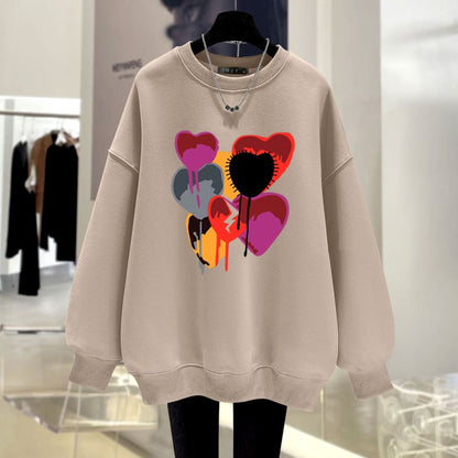 Milk tea color round neck sweatshirt women loose mid-length top