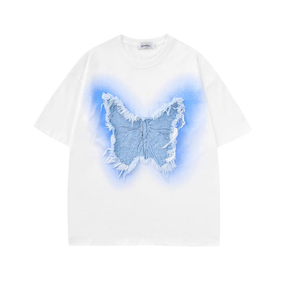 T-shirts street raw edge butterfly patch short-sleeved T-shirt summer couple wear