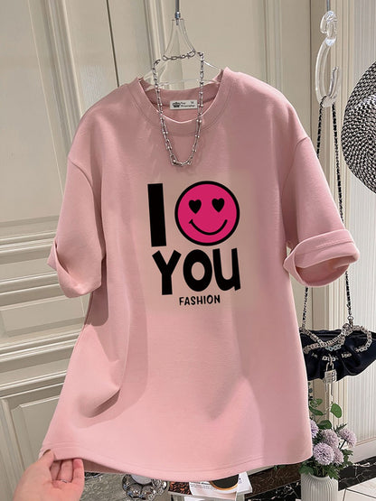 I love you T-shirt for women oversize summer letters mid-length top