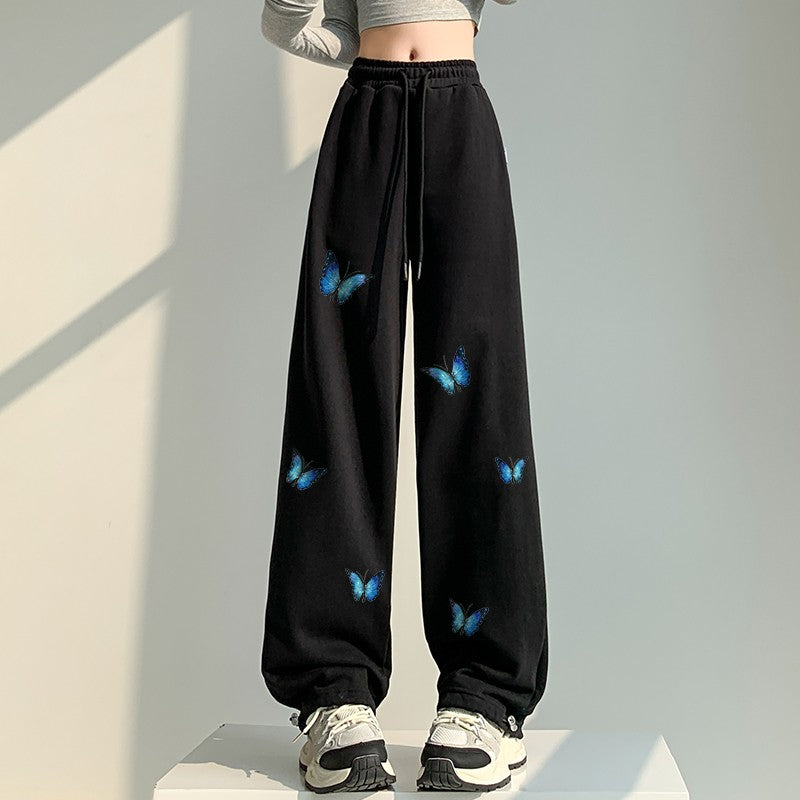 Black butterfly wide-leg pants for women high-waisted trendy sweatpants