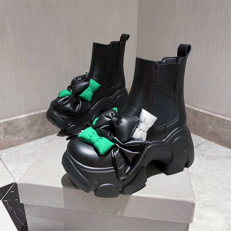 Women's shoes bow tie chunky boots