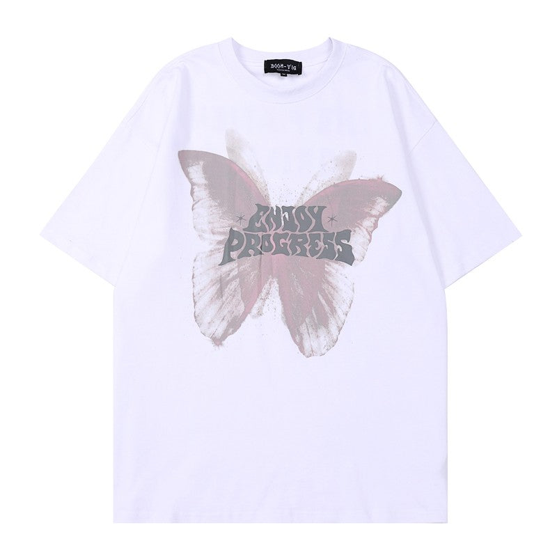 Street unisex couple over t-shirt butterfly print 240g pure cotton