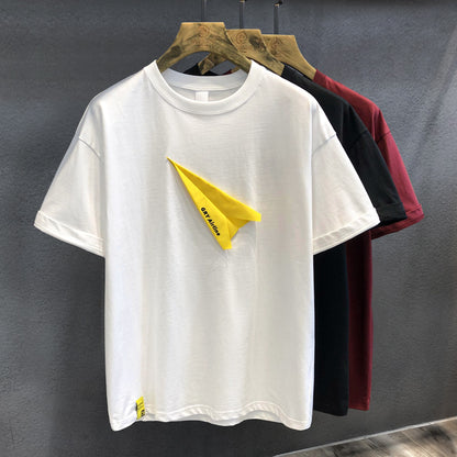 Men's T-shirts creative paper airplane sticker embroidered short sleeved T-shirt