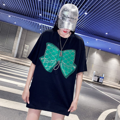 Women's T-shirt Oversize Short sleeved Loose Mid length Bow Tie Print