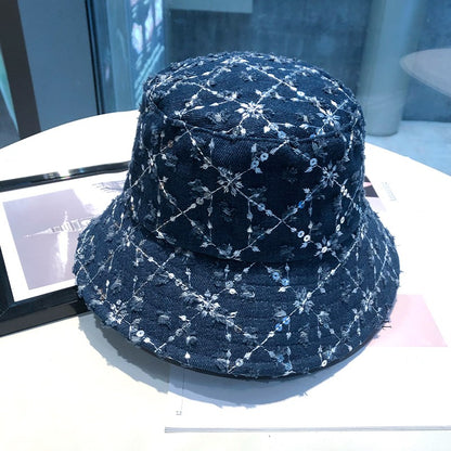 Bucket hat for women's sequin washed denim flower hat