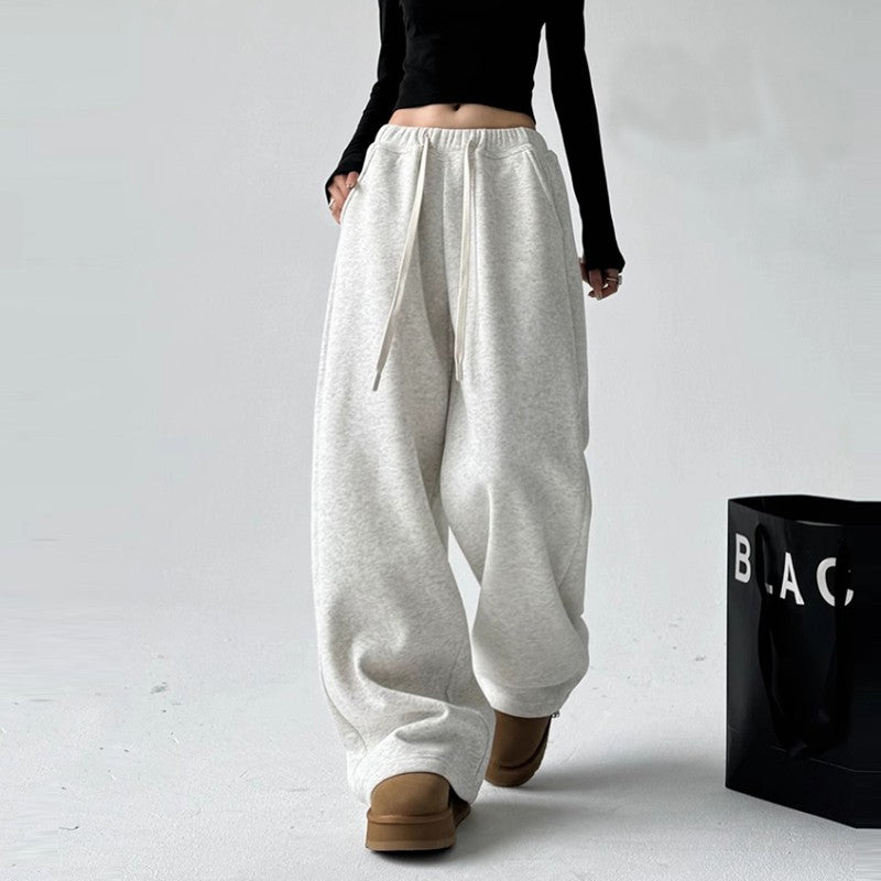 Women plus black sweatpants winter high waist drawstring drape wide leg pants