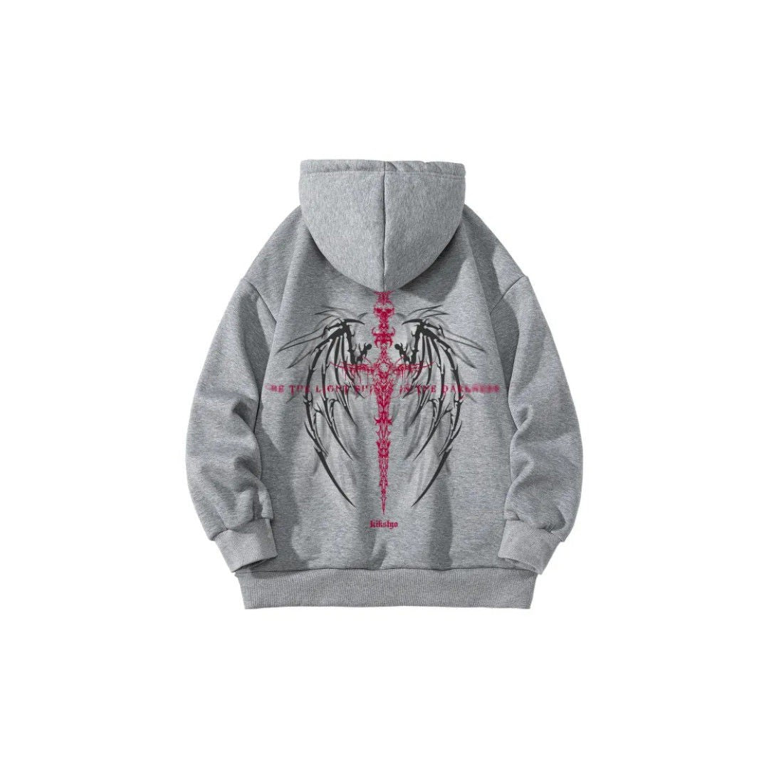 Dark magic sword wings pattern letter hoodies