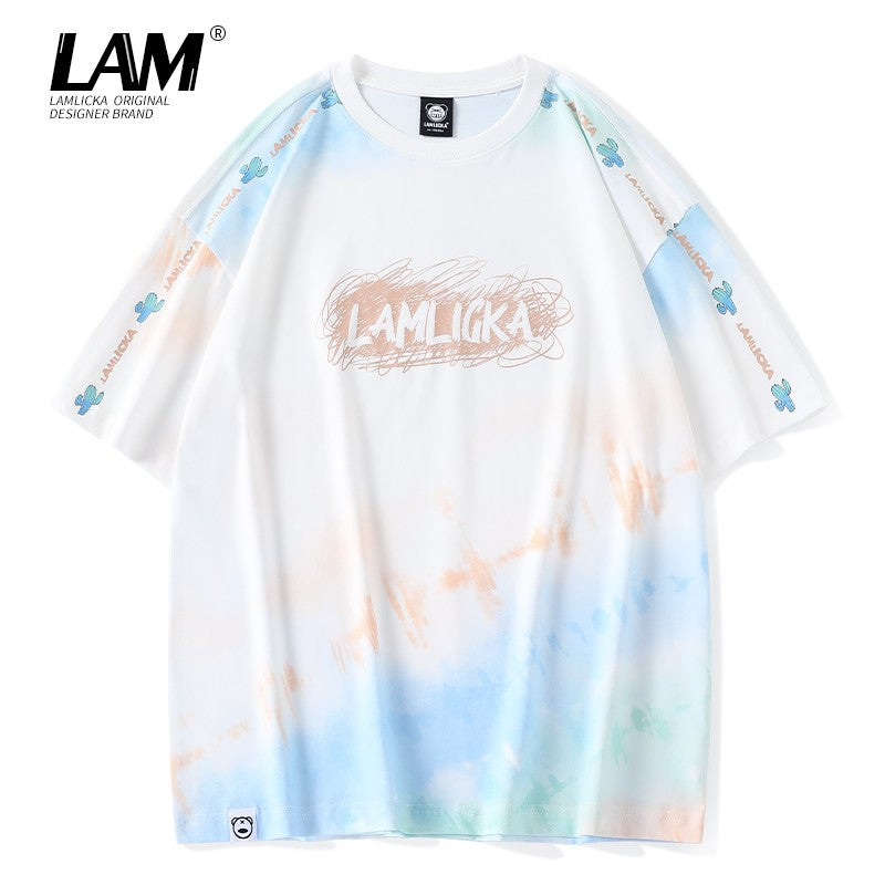 Tie-dye letter print short-sleeved men's T-shirt