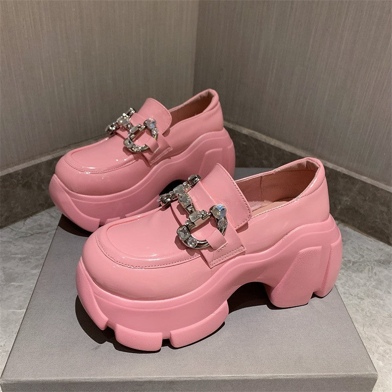 Pink chunky leather rhinestone buckle shoes