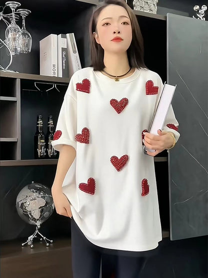 Love Diamond Heart White T-shirt For Women's Short sleeved Round Neck Top