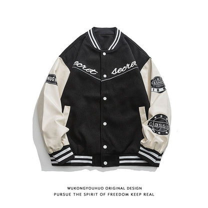 Hip-hop PU leather stitching baseball jacket men's trendy loose couple casual jacket