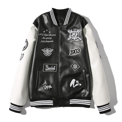 PU leather baseball jacket winter unisex loose leather jacket