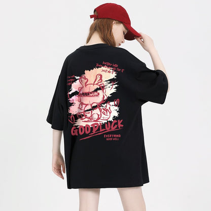 Pink T-shirt dragon pattern women loose