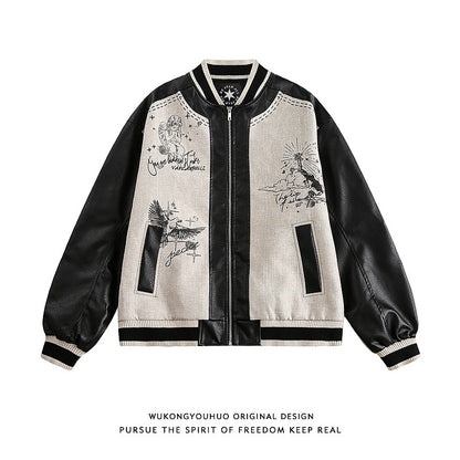 leather PU patch baseball jacket unisex short jacket