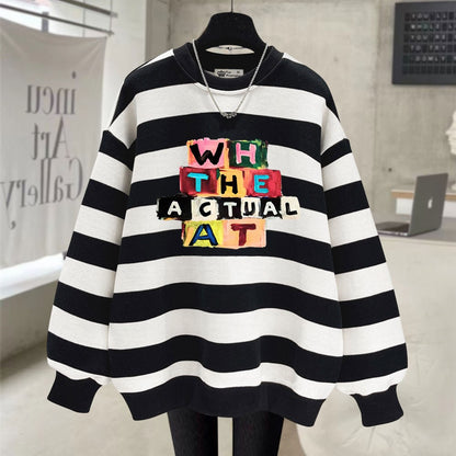 Black and white striped sweatshirt women mid-length top