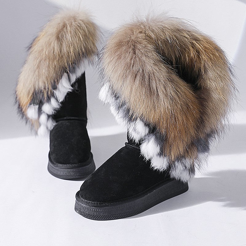 Fur fox fur thick-soled snow boots with inner heightening high-calf boots genuine leather