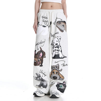 Sports casual pants women cartoon animal print loose straight wide leg pants