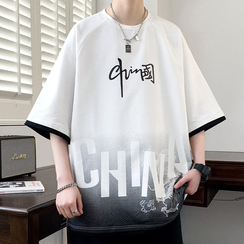 Semi two-piece round neck T-shirt men's loose tops