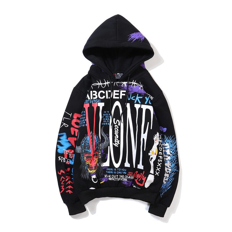 Hip-hop graffiti hooded pullover velvet sweatshirt for men and women