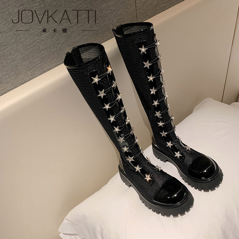 Thick-soled boots for women patent leather star rhinestone boots