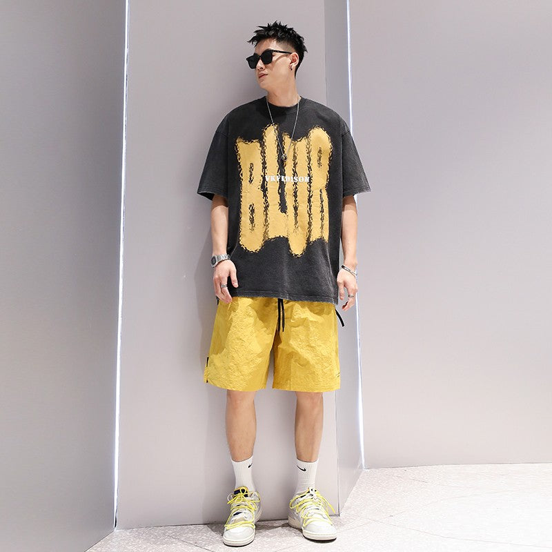 Yellow art oversize unisex t-shirts washed men's T-shirt couple summer wear