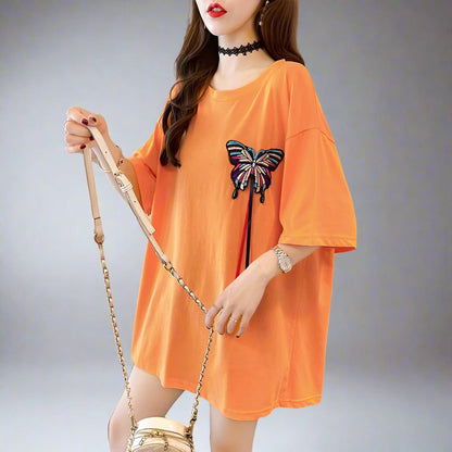 Heavy butterfly embroidery short-sleeved T-shirt women summer chic tops