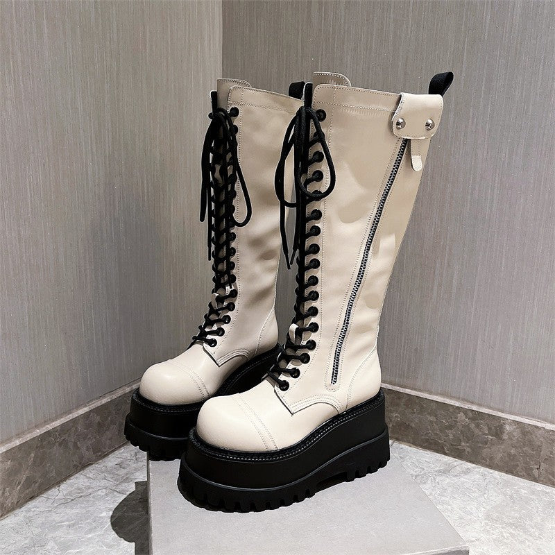 Genuine Leather Lace Up Winter knee-high booties