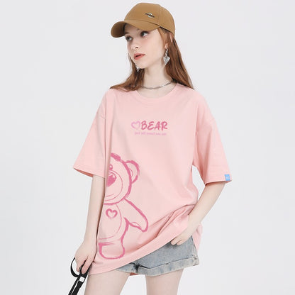 Bear cartoon print t-shirt short-sleeved