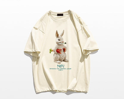 Cartoon rabbit print short sleeved T-shirt for women's summer oversize tee