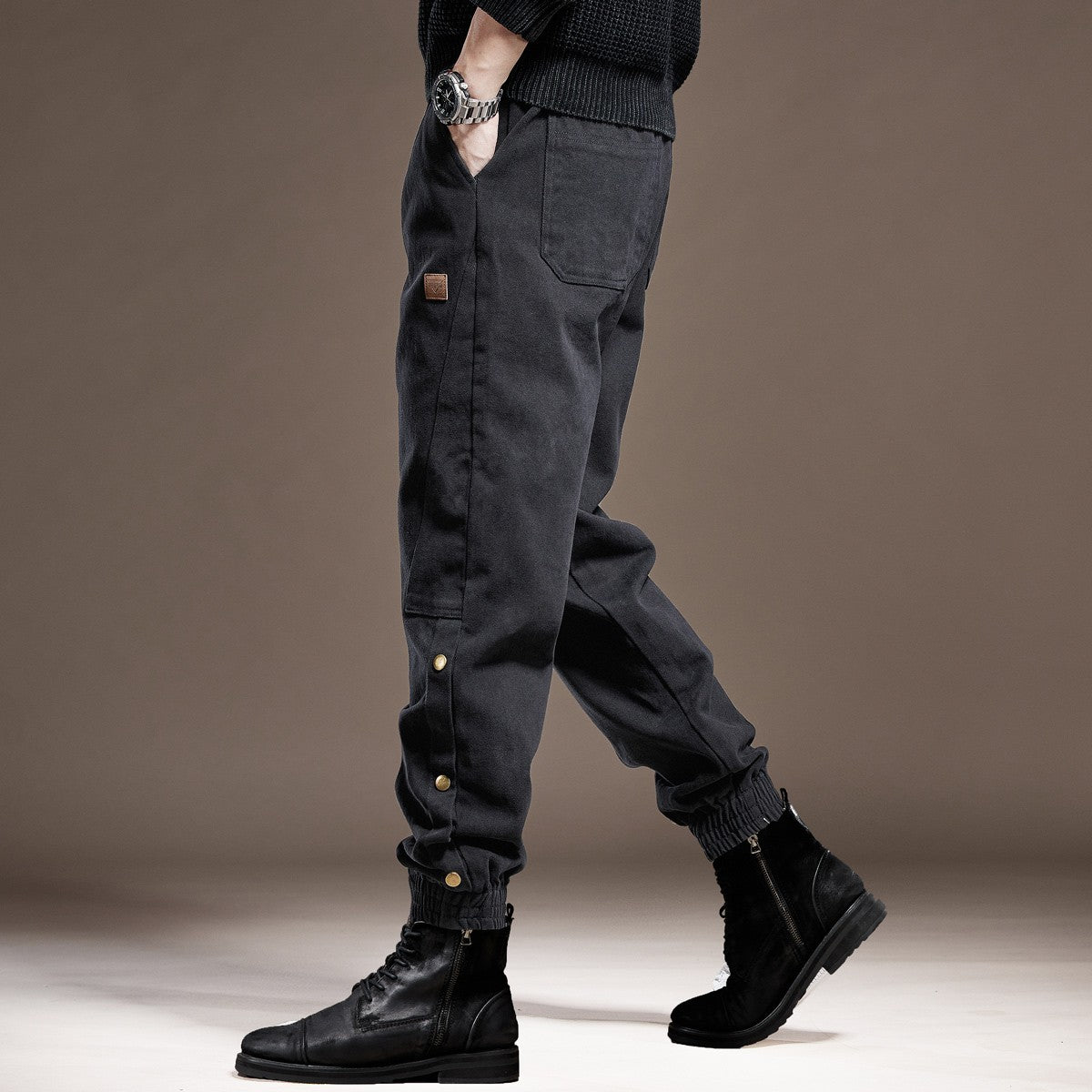 Black men jeans heavyweight cotton autumn outdoor cuffed black casual pants trousers