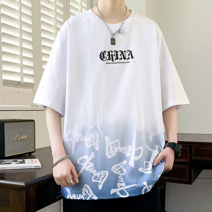 Semi two-piece round neck T-shirt men's loose tops