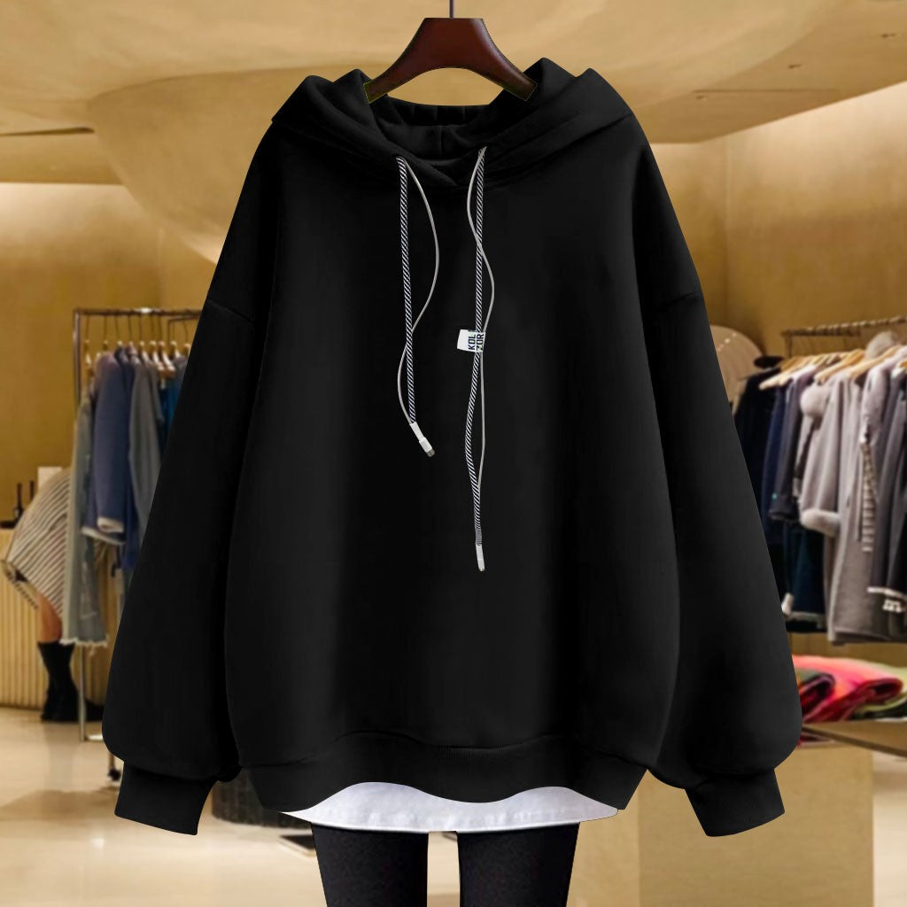 Black hoodie women's loose medium length hoodies