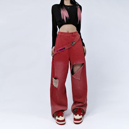 Ripped jeans gradient tie-dye washed versatile red straight-leg